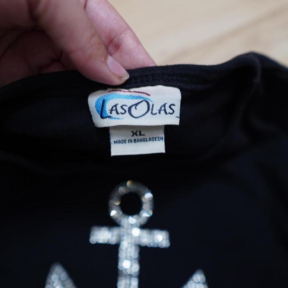 Las Olas Black Rhinestone Anchor Nautical Top Coastal Glam XL Vintage Y2K - Picture 6 of 6